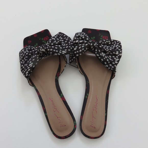 (#A) BETSEY JOHNSON Floral  SLIDES SANDALS OVERSIZE BOW FLATS - Picture 2 of 5